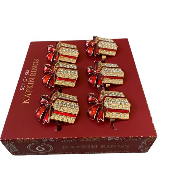 Envogue Rhinestone CHRISTMAS Present Napkin Rings Set of 6 Holiday Red Gold New - Picture 8 of 13